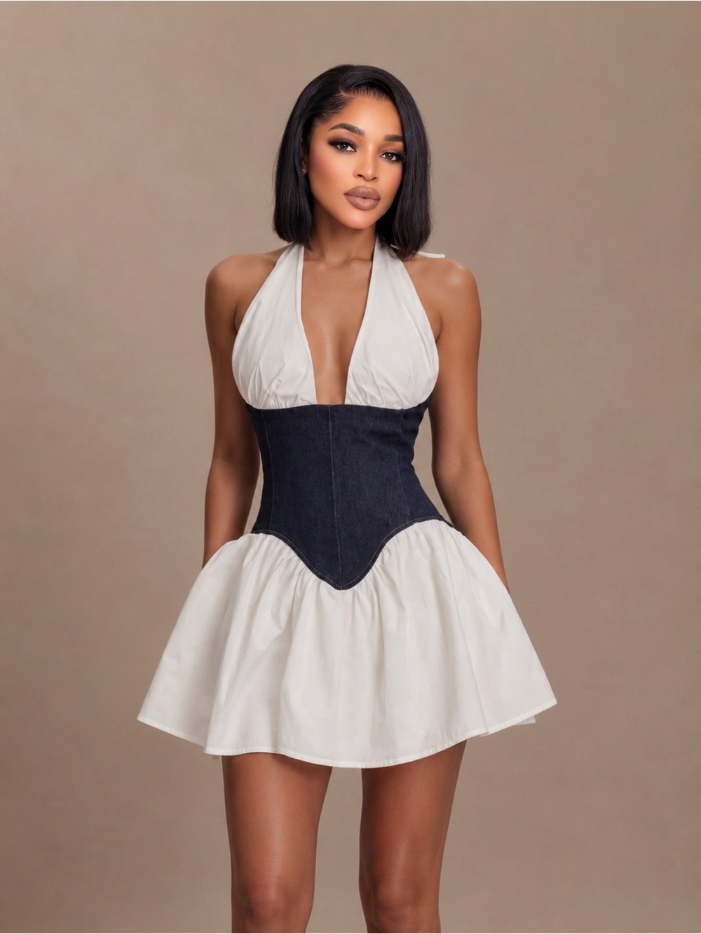 Meshki White Halter Mini Dress with Dark Denim